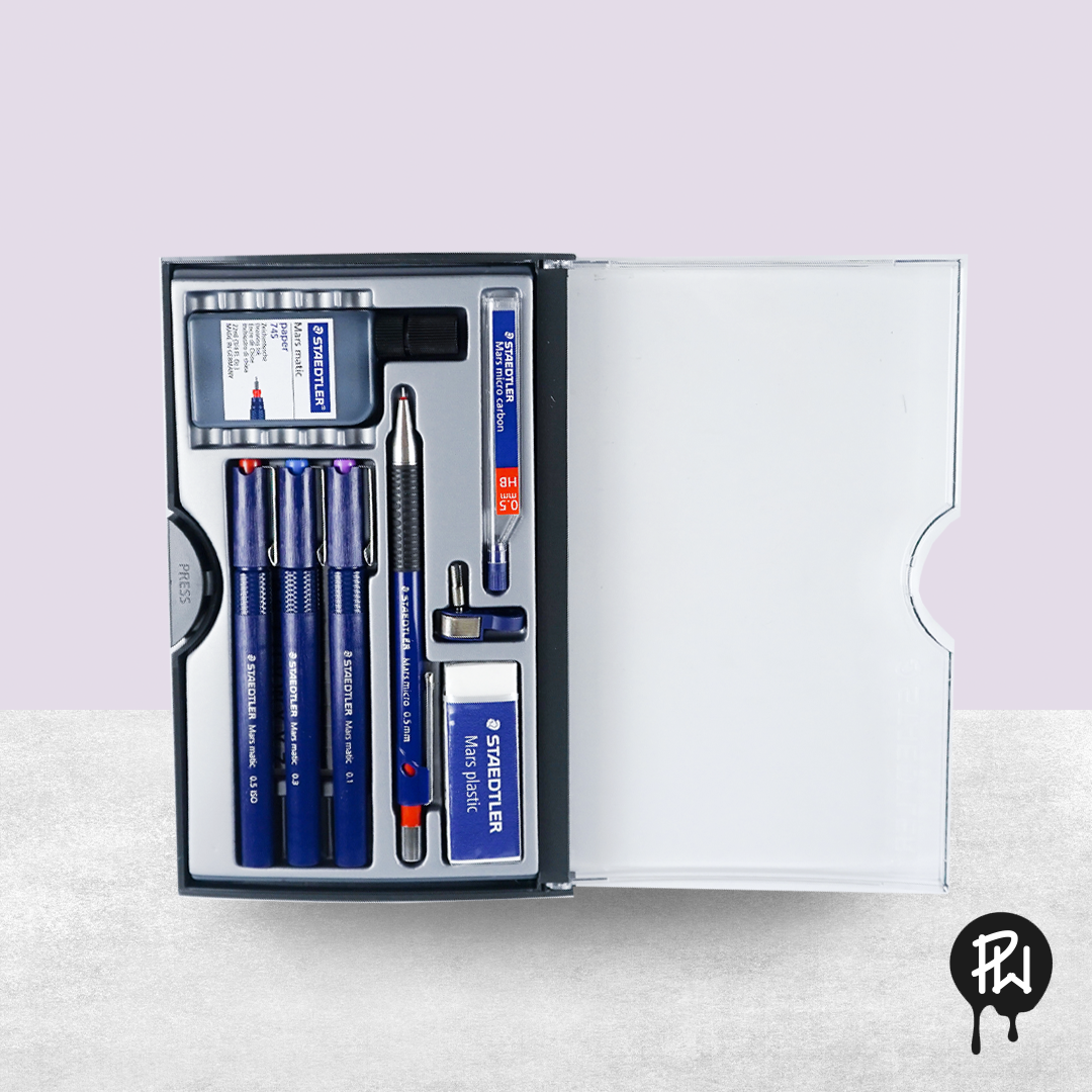 Technical ink pens remain the go-to for precision line work in architectural drawing, though their use in modern day courses is limited. This comprehensive set of writing tools is an essential for architecture students.