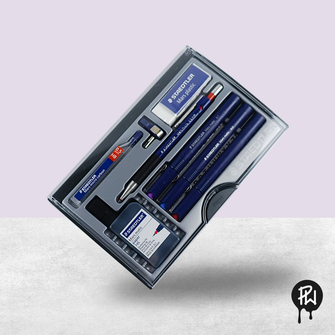 Technical ink pens remain the go-to for precision line work in architectural drawing, though their use in modern day courses is limited. This comprehensive set of writing tools is an essential for architecture students.