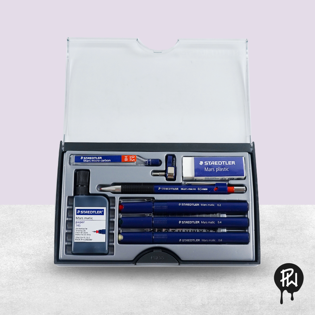 Technical ink pens remain the go-to for precision line work in architectural drawing, though their use in modern day courses is limited. This comprehensive set of writing tools is an essential for architecture students.