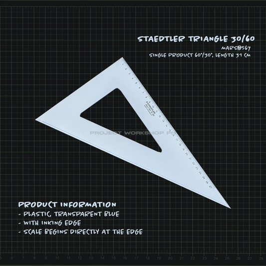 Mars®567 Set square Single product 60°/30°, length 31 cm Product information Plastic, transparent blue With inking edge Scale begins directly at the edge Project Workshop PH: Creating Possibilities, Celebrating Art Feel free to message us for any inquiries regarding our products.