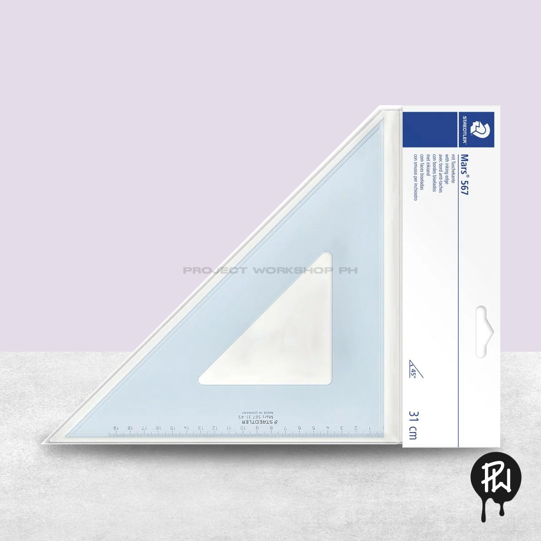 Mars®567 Set square Single product 45°/45°, length 31 cm Product information Plastic, transparent blue With inking edge Scale begins directly at the edge