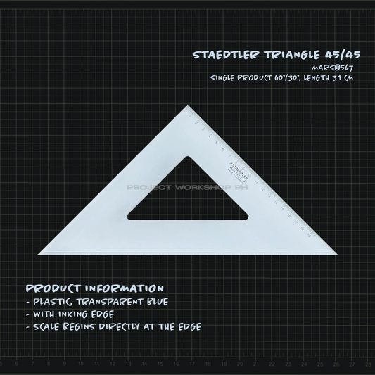 Mars®567 Set square Single product 45°/45°, length 31 cm Product information Plastic, transparent blue With inking edge Scale begins directly at the edge