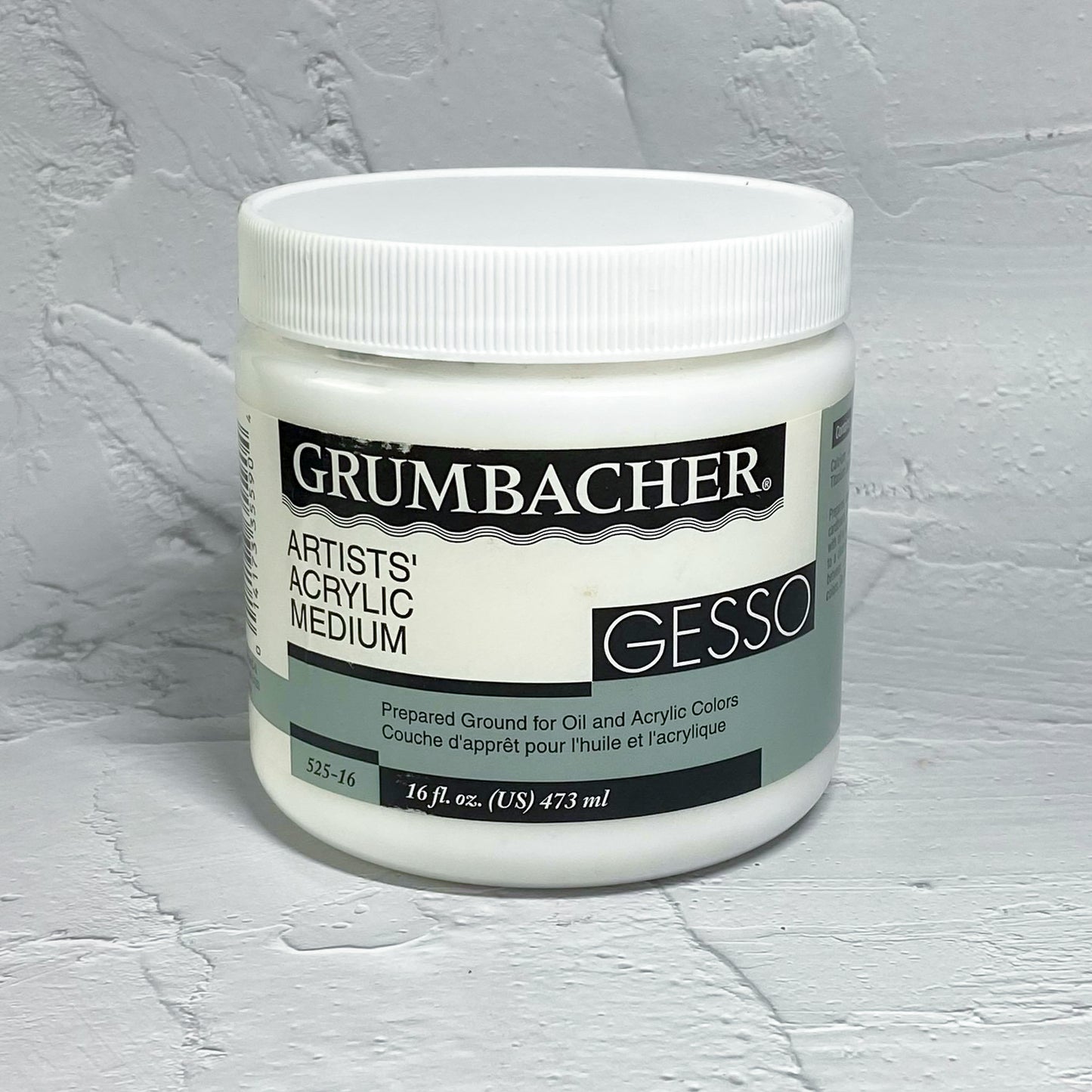 Grumbacher is known for the high quality of its thick-formula gesso. Use it to prepare canvas, wood, untempered pressed wood, cardboard, plaster, concrete, and masonry for painting with oil or acrylic colors. Grumbacher Acrylic Gesso may be thinned with water or tinted with acrylic paint to create a colored ground. Project Workshop PH