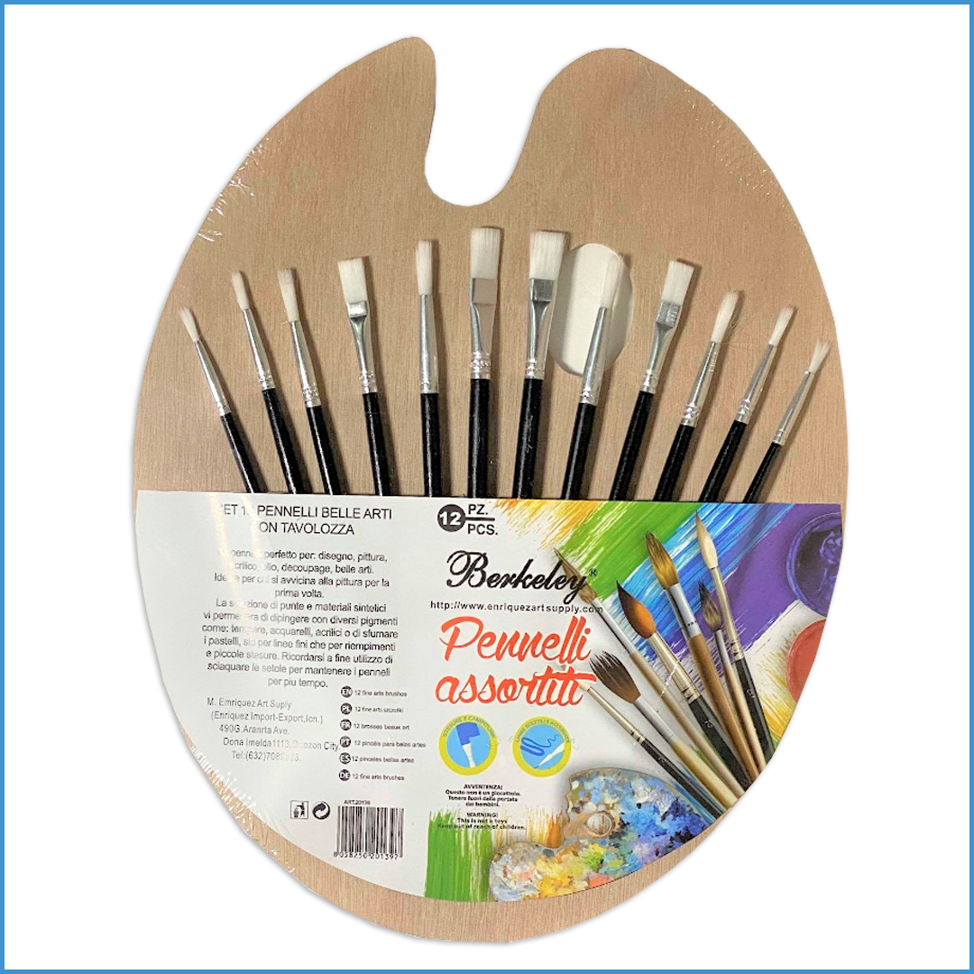 Berkeley Palette and Brush Set Contains : 12 Fine Art Brushes (8 Round, 4 Flat) Wooden Palette Board 10"x12"