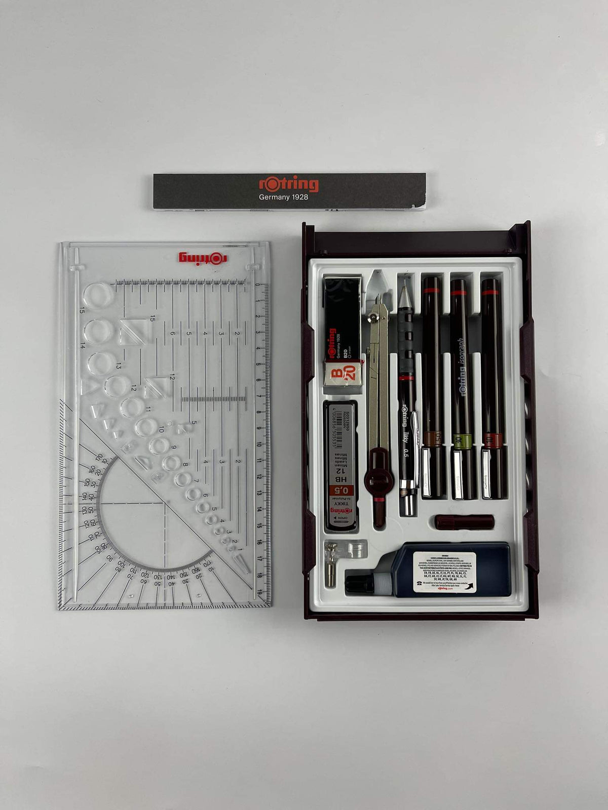 ROtring Isograph College Set - 3 Stylos Techniques (0.20, 0.35, 0.70mm) + Portemine Tikky 0.5mm Et Accessoires