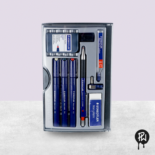 Technical ink pens remain the go-to for precision line work in architectural drawing, though their use in modern day courses is limited. This comprehensive set of writing tools is an essential for architecture students.
