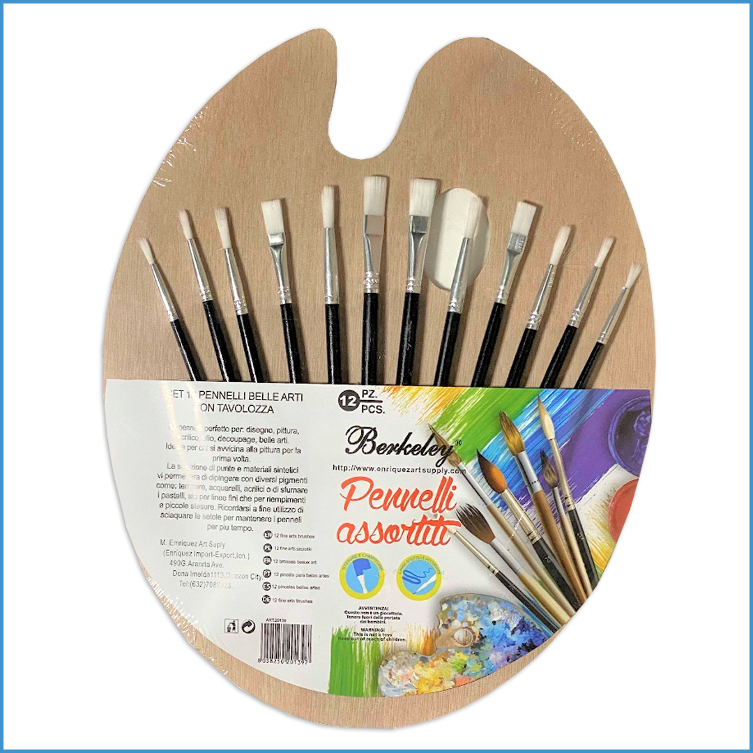 Berkeley Palette and Brush Set  Contains : 12 Fine Art Brushes (8 Round, 4 Flat) Wooden Palette Board 10"x12"
