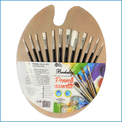 Berkeley Palette and Brush Set  Contains : 12 Fine Art Brushes (8 Round, 4 Flat) Wooden Palette Board 10"x12"
